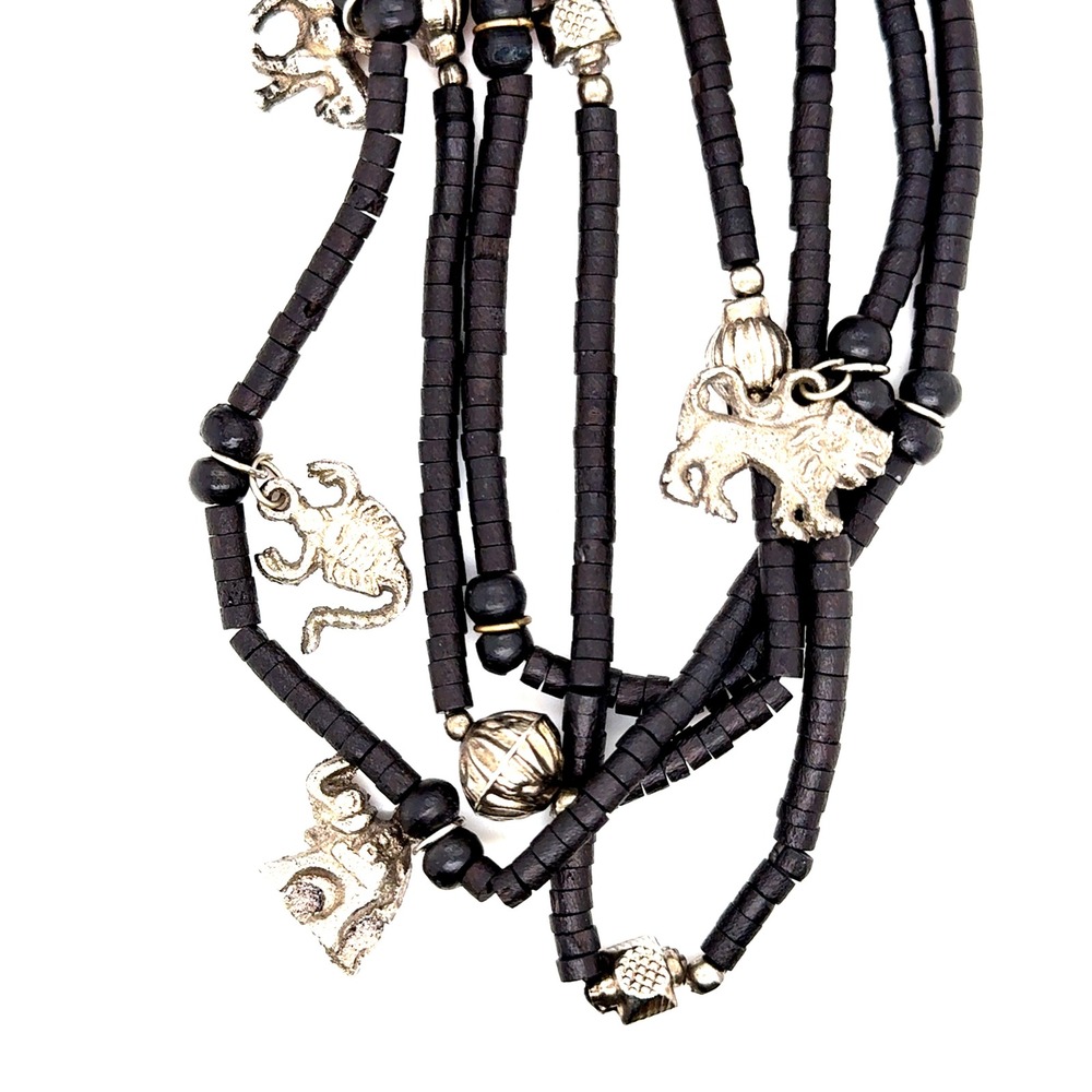 Vintage Multi Strand Wood Bead Animal Charm Necklace Elephant Lion Bird 24"